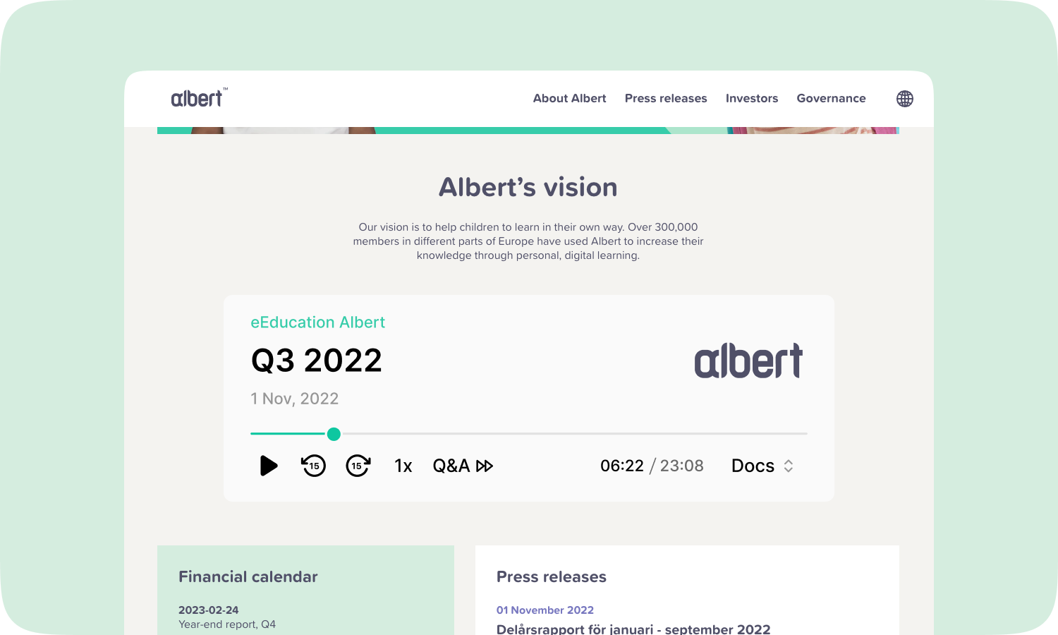 Albert's Investor relations page displaying the Quartr Player