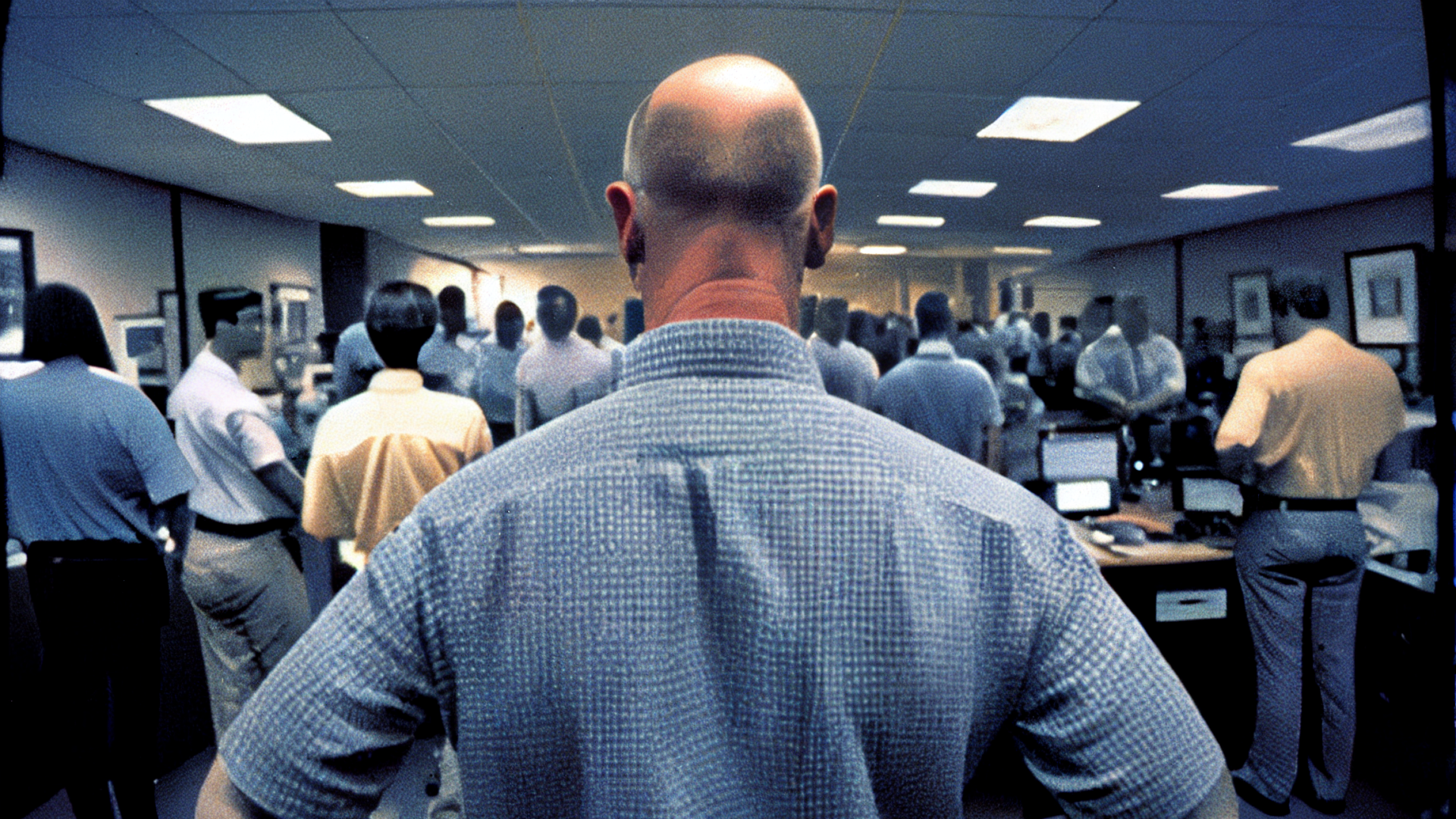 Jeff Bezos from behind standing in a crowded office in the 90s