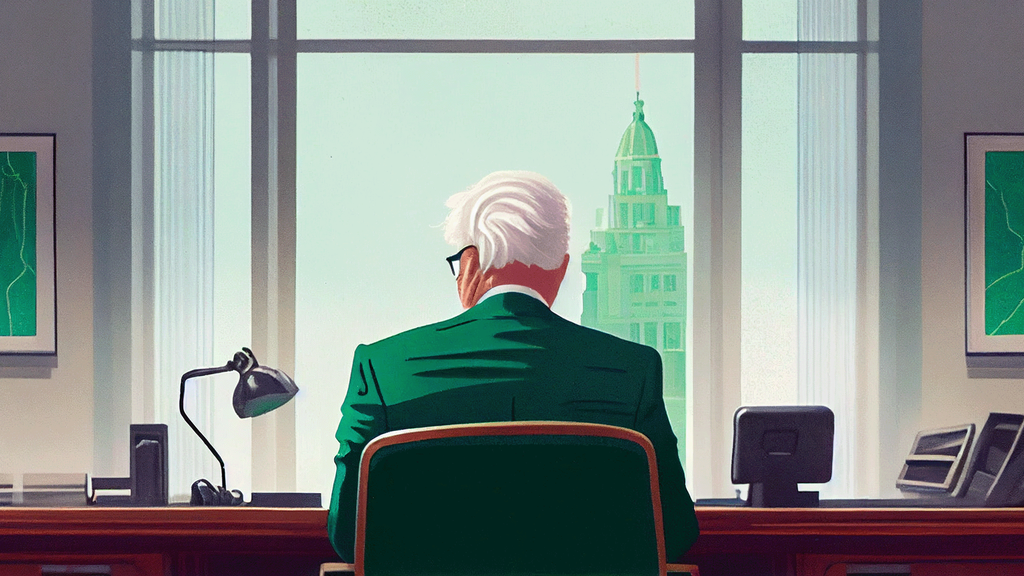 Illustration of Magellan Fund Manager, Peter Lynch, sitting at his desk