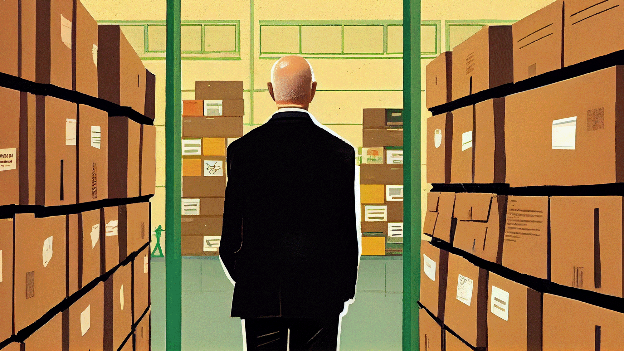 Illustration of Jeff Bezos, Amazon in a warehouse among boxes on shelves.