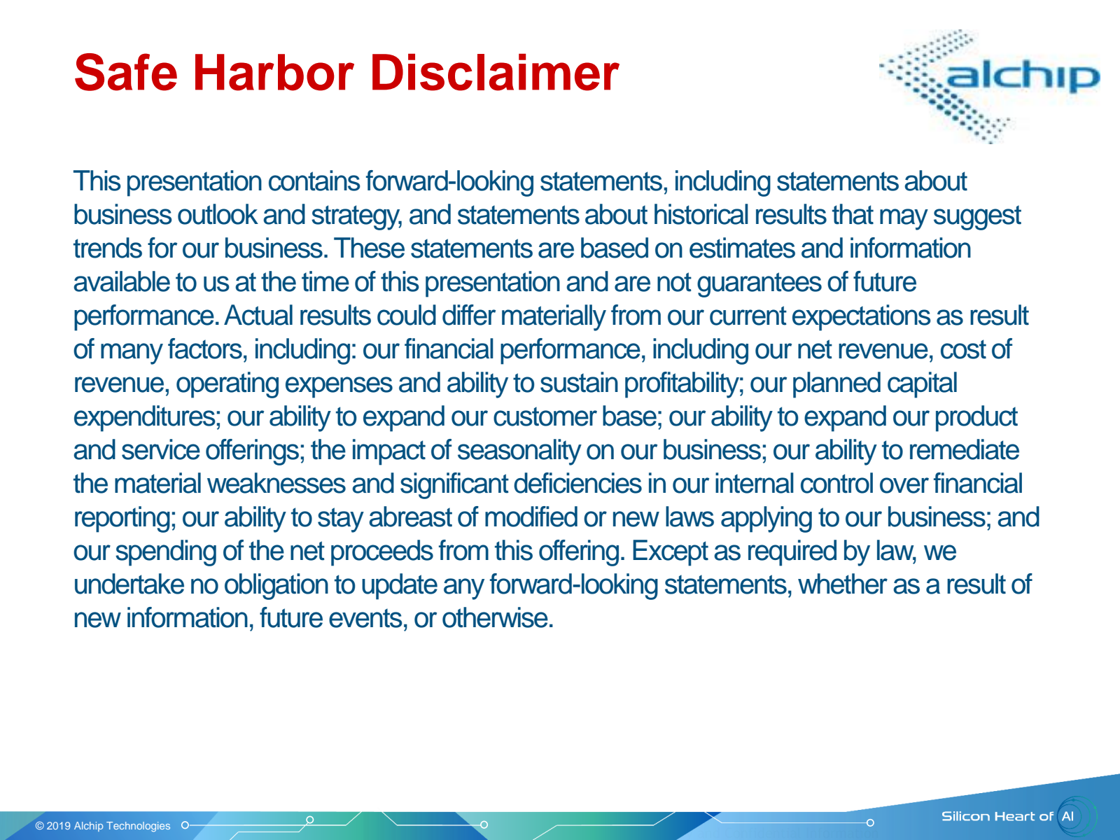 Safe Harbor Disclaim