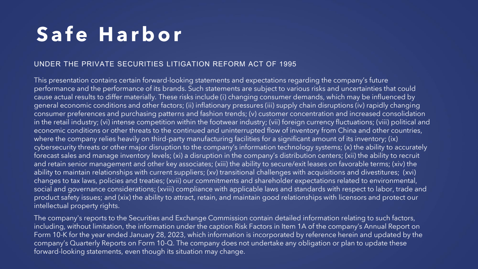 Safe Harbor 

UNDER 