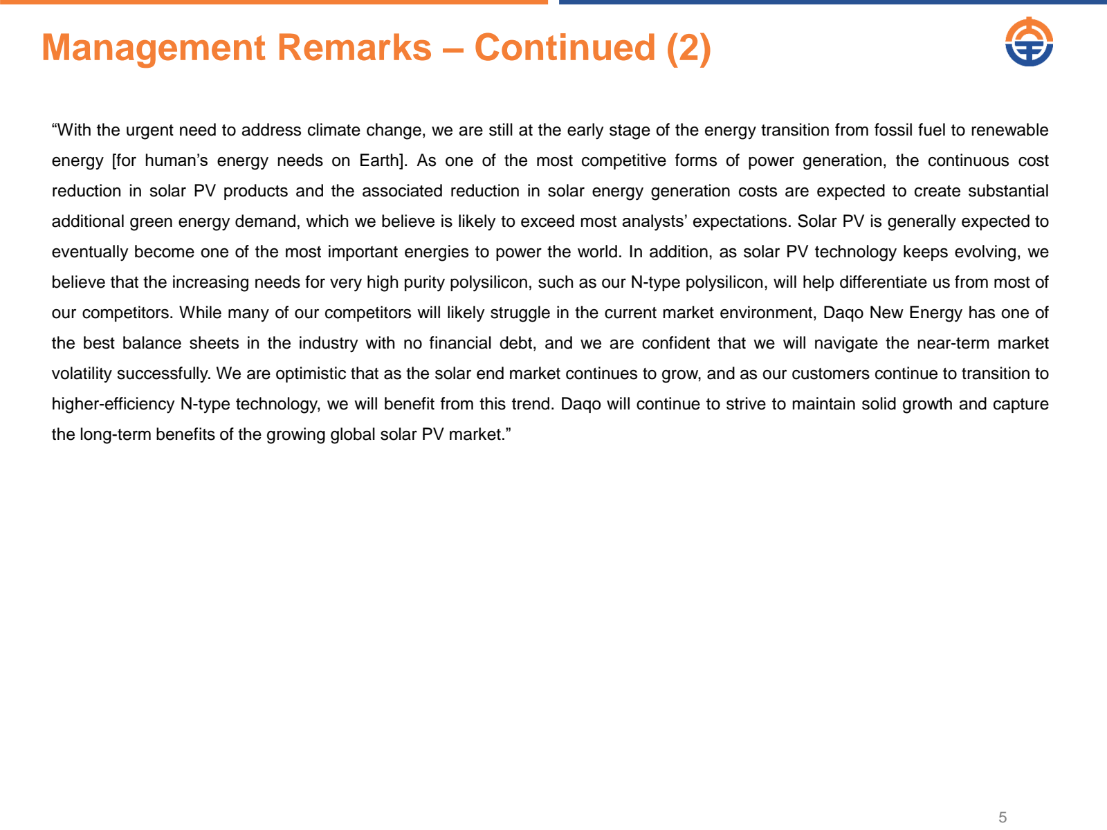 Management Remarks -
